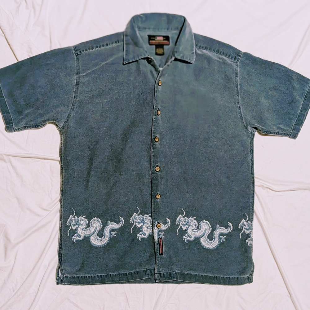 Vintage Colo Wear Button Down Shirt Short Sleeve Cotton Dragon Print Y2K  Medium - Picture 10 of 10